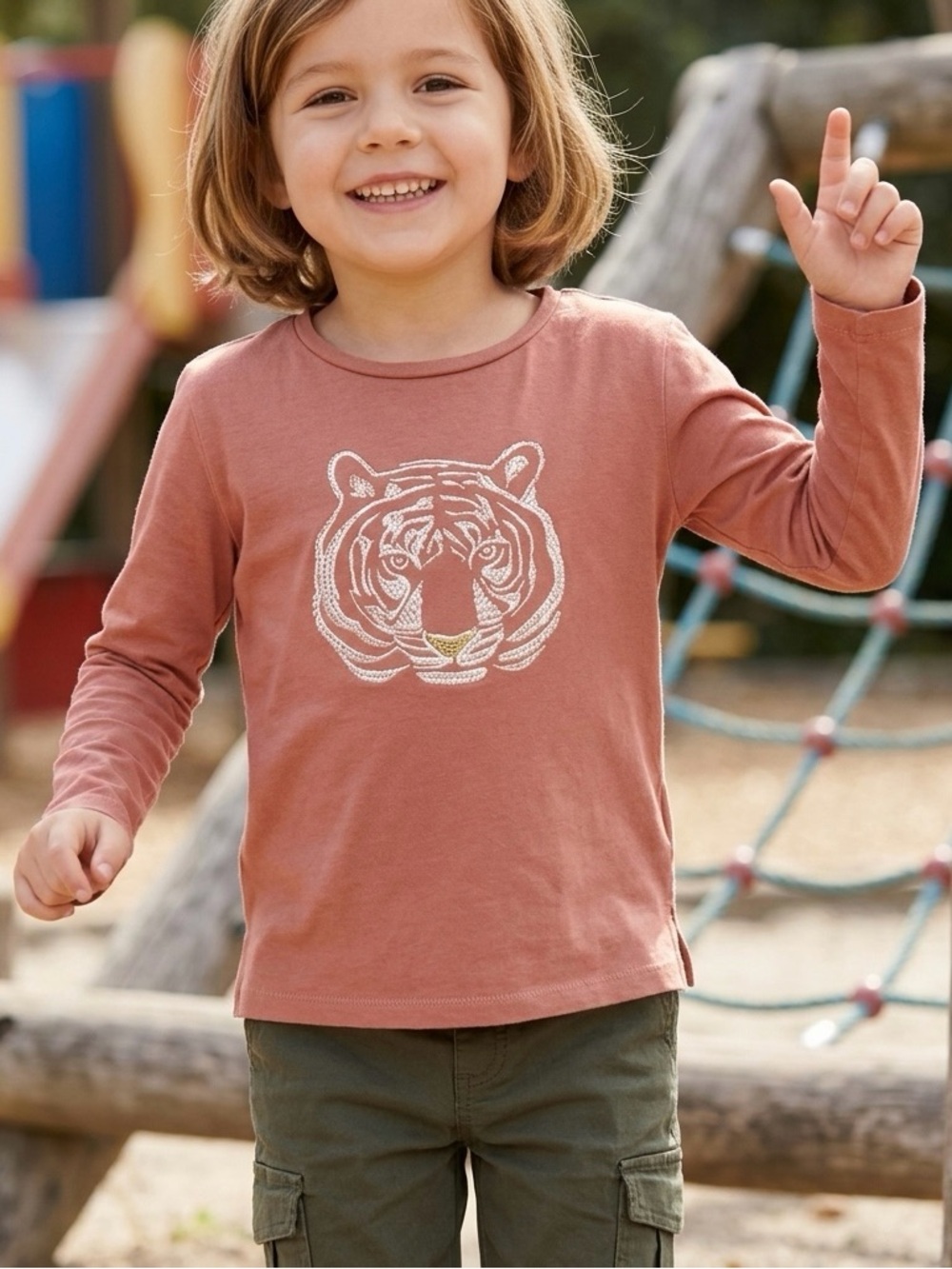 Mango Kids Long-Sleeve Tiger Graphic Tee - Dusty Rose